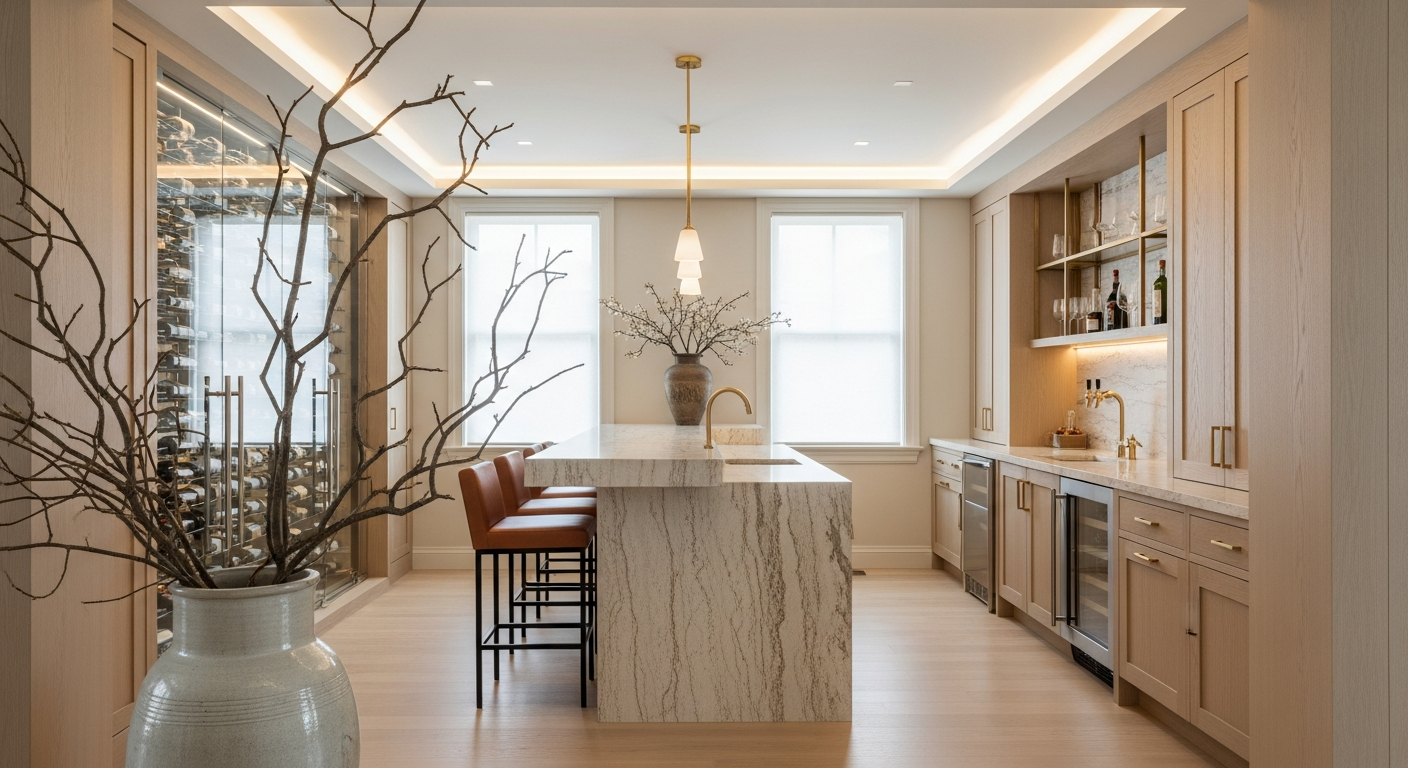 Luxury wine room and bar interior, representative of homes in Central Boulder, Colorado.