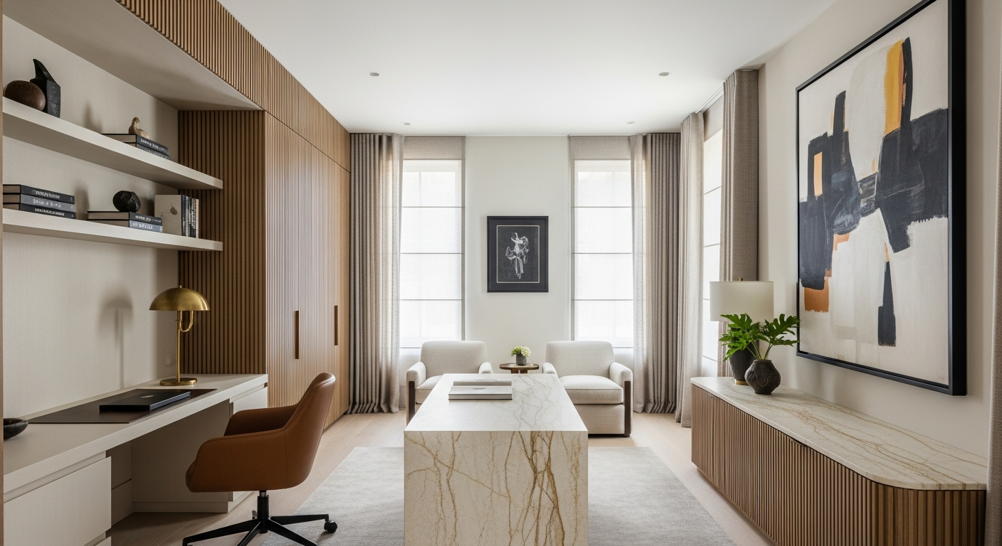 Luxury home office interior, representative of homes in Boulder Foothills and View Properties, Colorado.