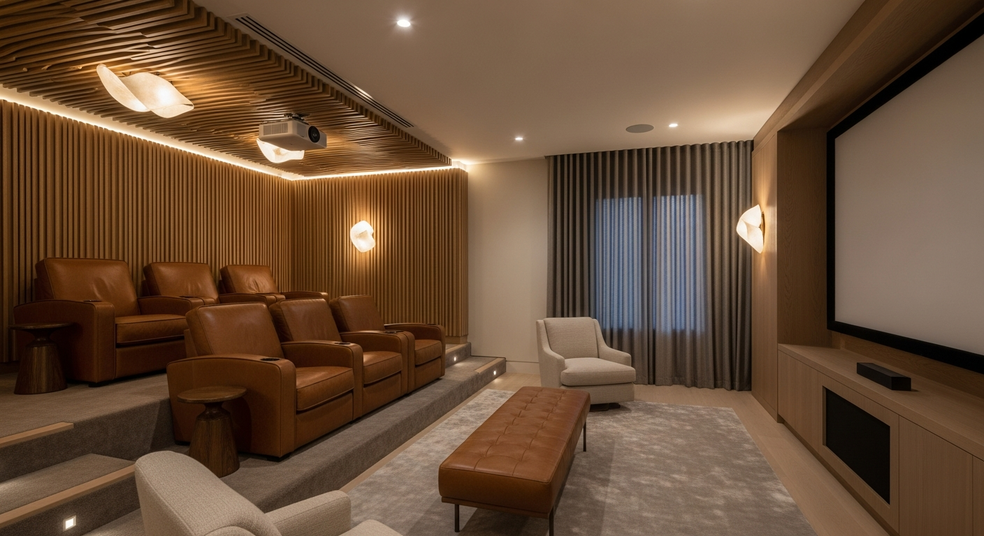 Luxury media room interior, representative of homes in South Boulder, Colorado.