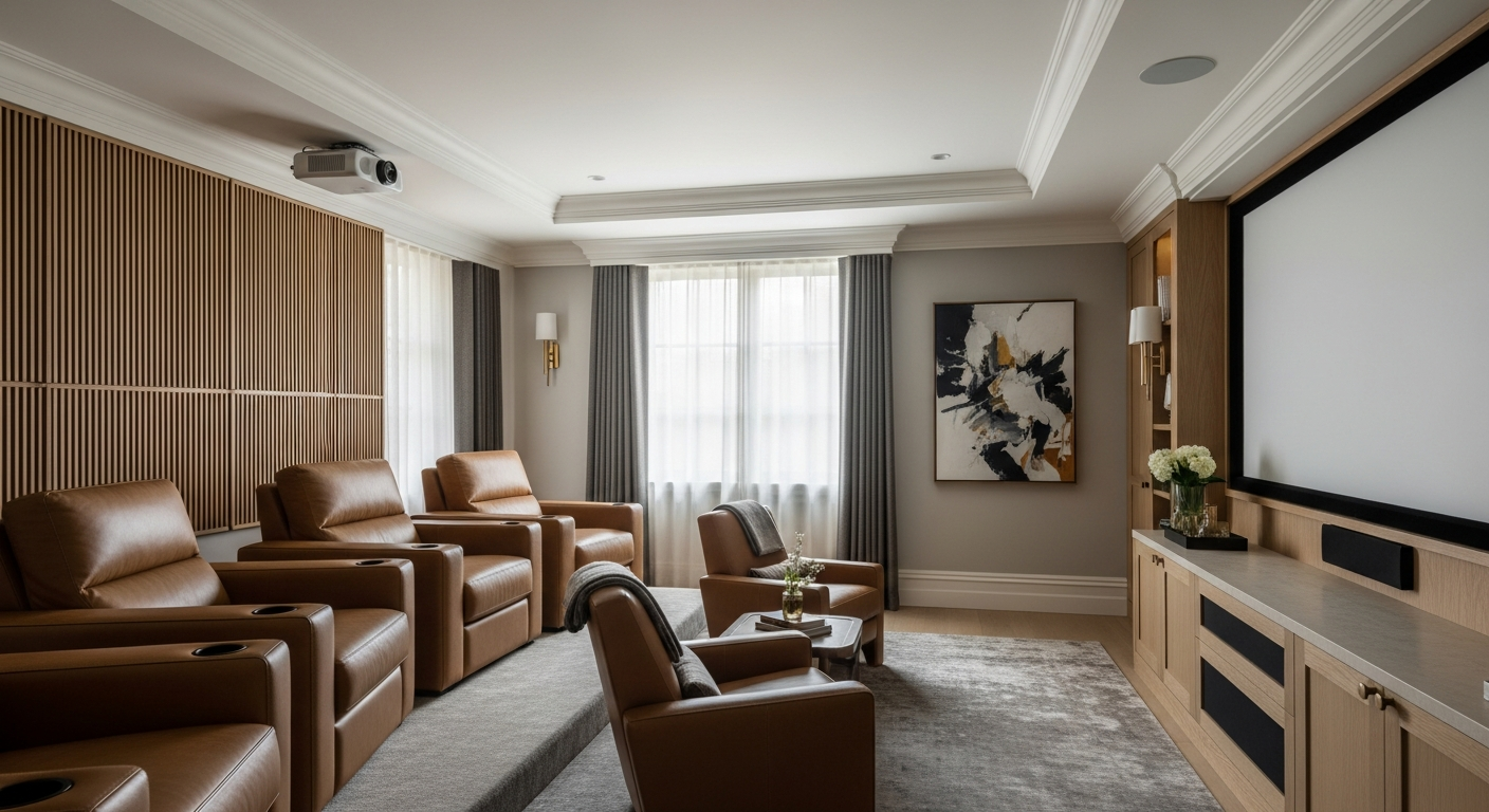 Luxury media room interior, representative of homes in Bonnie Brae, Colorado.