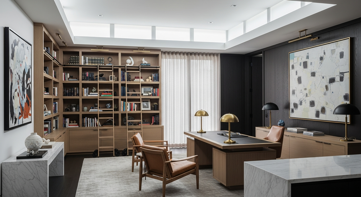 Luxury library and study interior, representative of homes in Central Park Denver, Colorado.