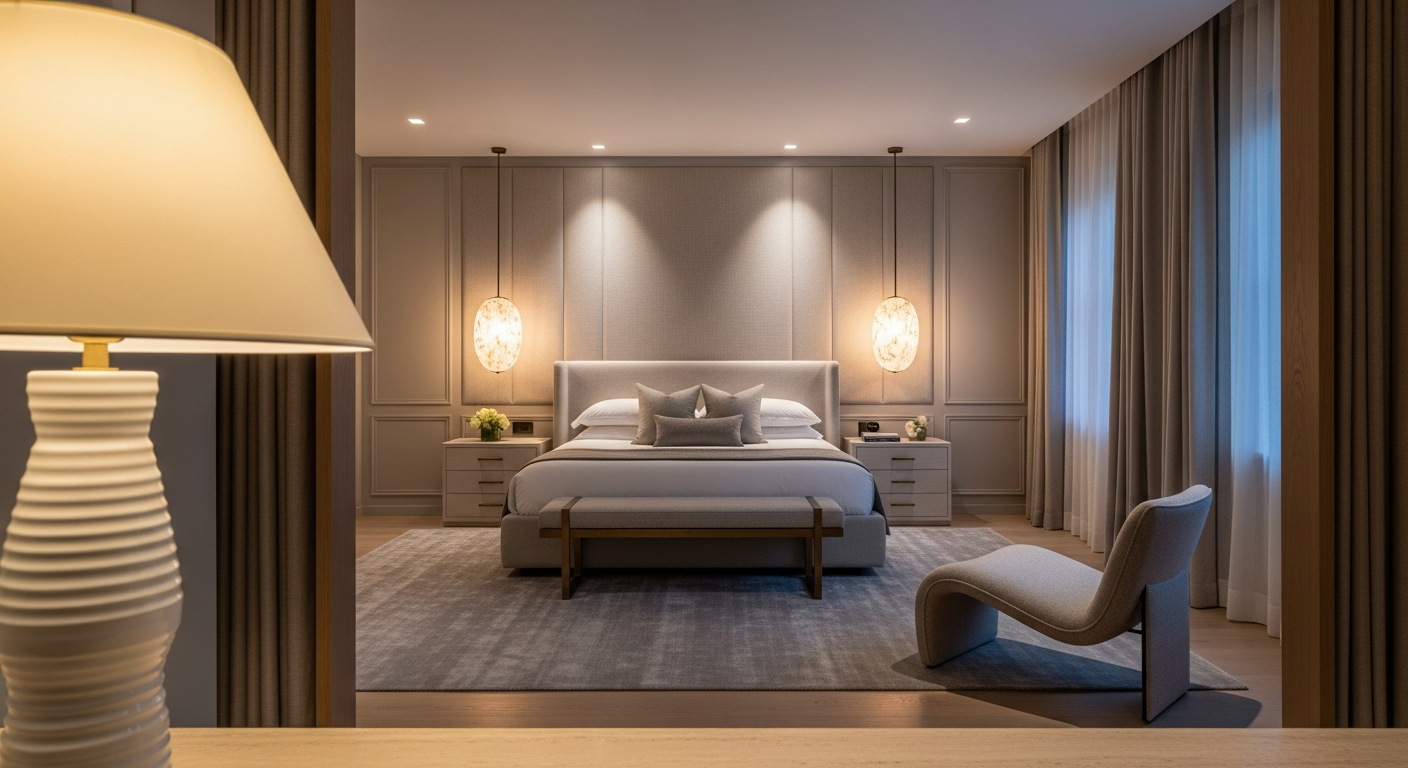 Luxury primary suite bedroom interior, representative of homes in Cheesman Park, Colorado.
