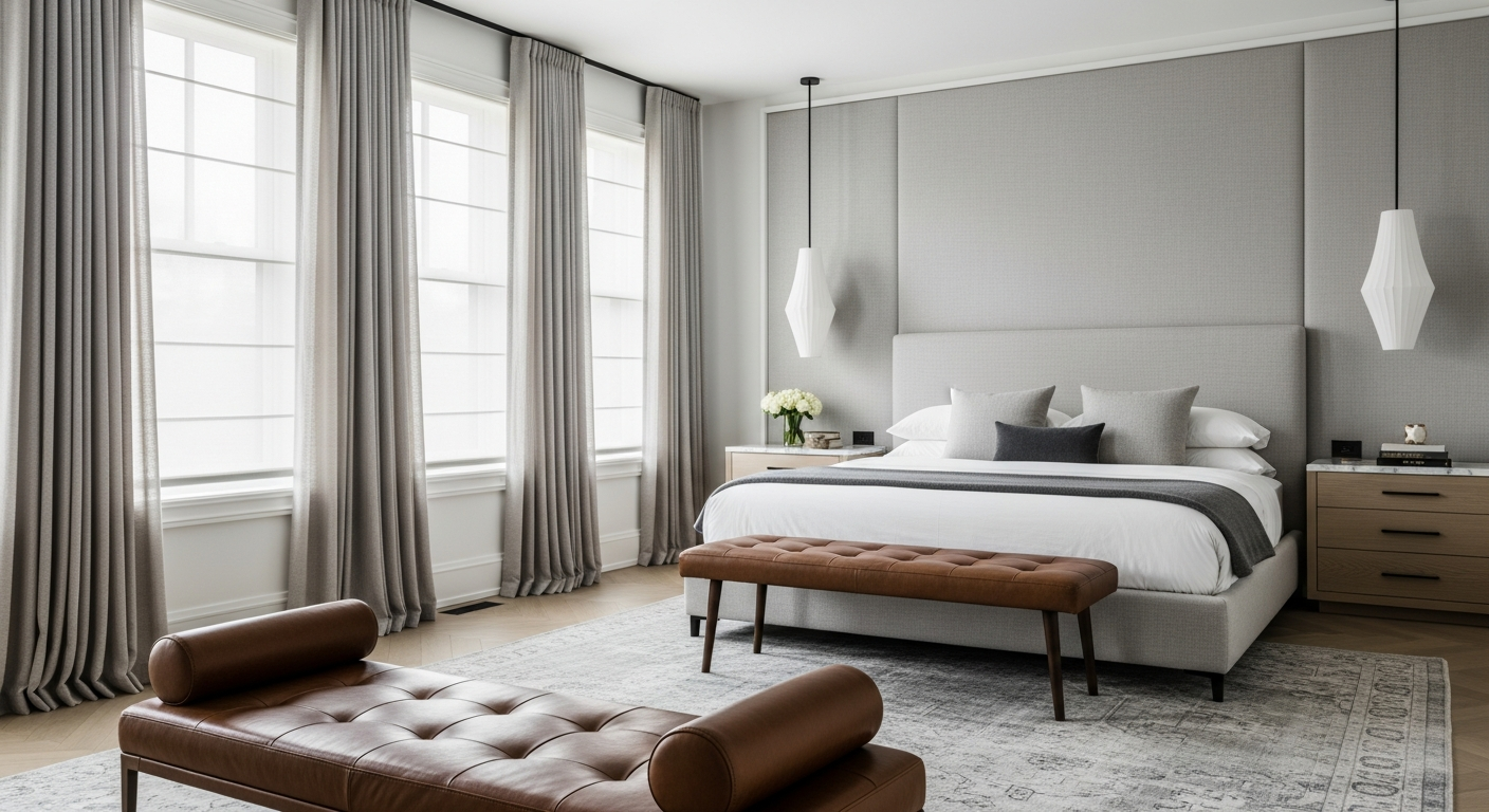 Luxury primary suite bedroom interior, representative of homes in Cherry Creek, Colorado.
