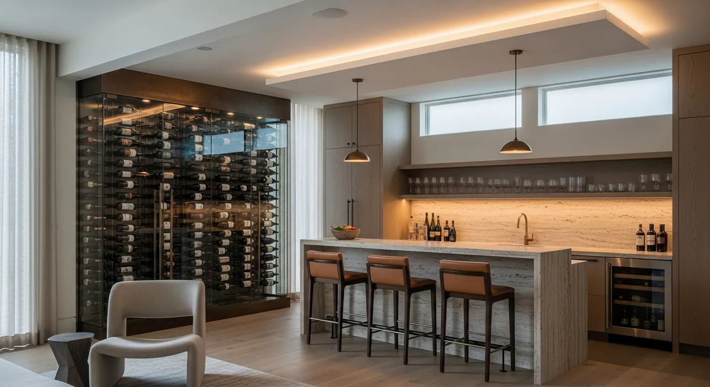 Luxury wine room and bar interior, representative of homes in Denver Country Club Area, Colorado.