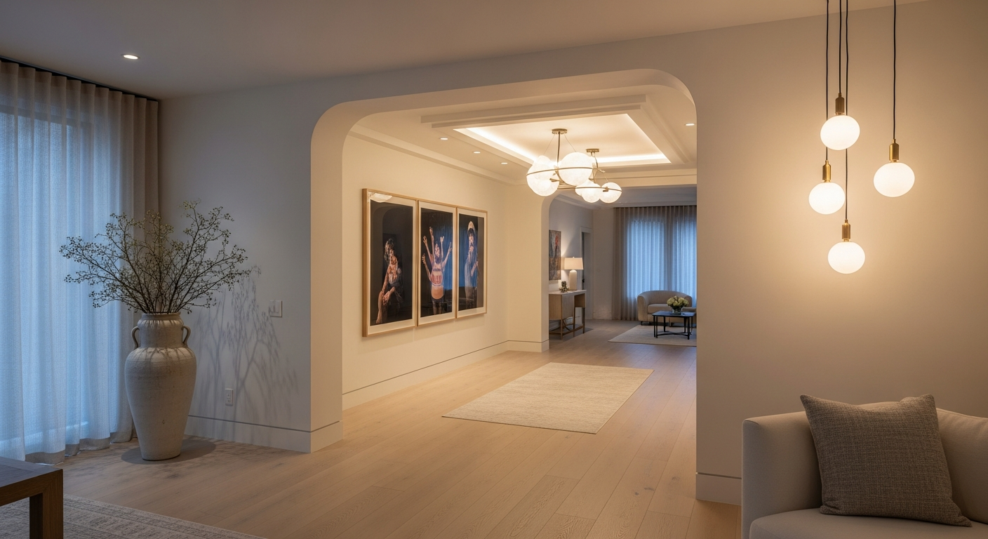 Luxury interior gallery hallway interior, representative of homes in Observatory Park, Colorado.