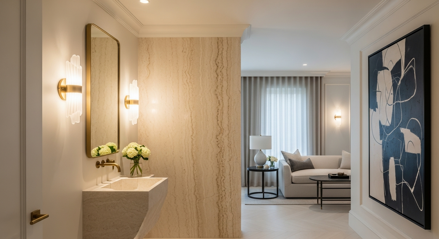 Luxury powder room interior, representative of homes in Centennial, Colorado.