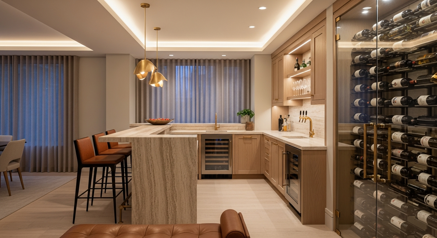 Luxury wine room and bar interior, representative of homes in Edgewater, Colorado.
