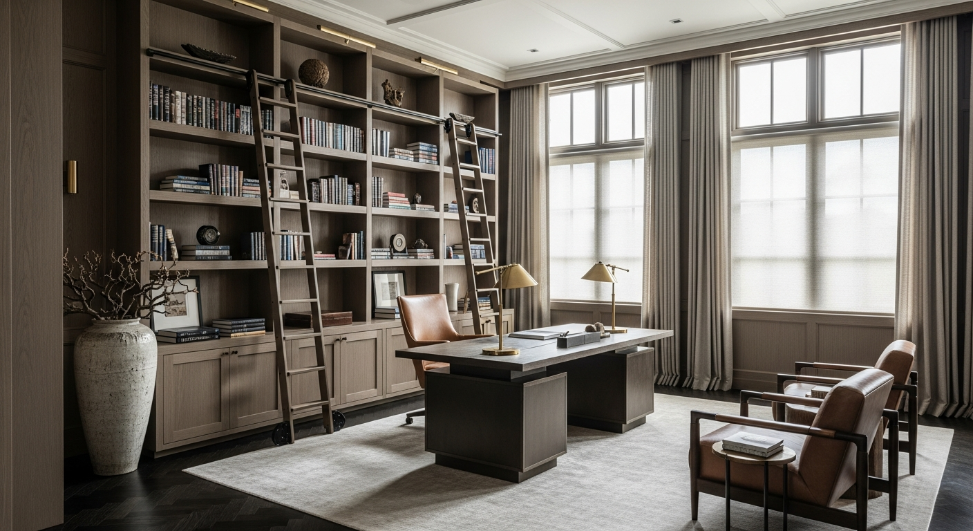 Luxury library and study interior, representative of homes in Englewood, Colorado.