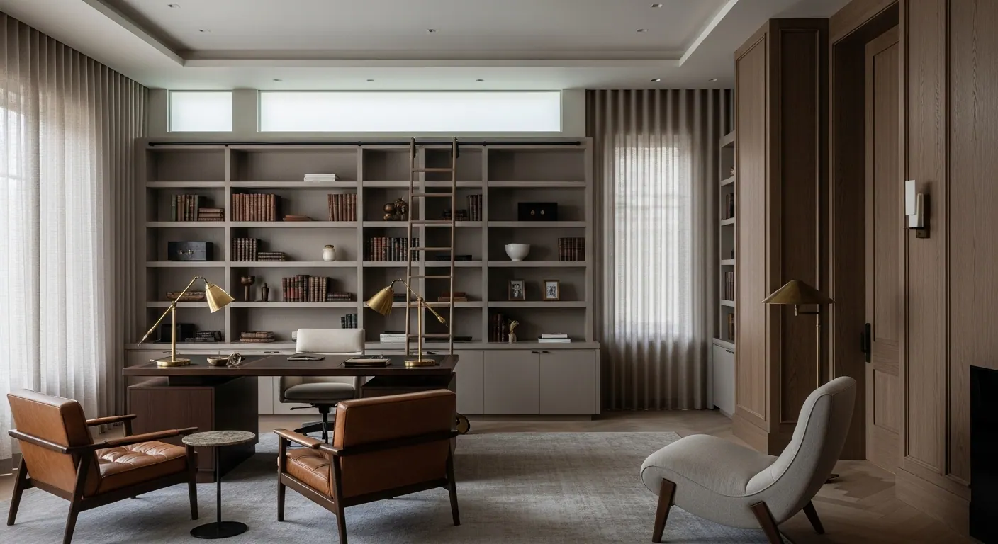 Luxury library and study interior, representative of homes in Evergreen, Colorado.