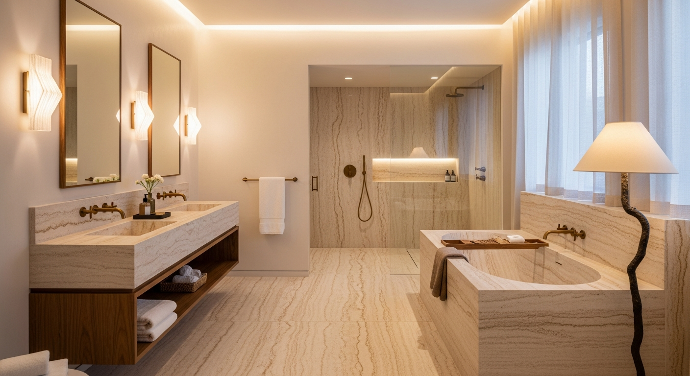 Luxury primary spa bath interior, representative of homes in Foothills and Mountain-Adjacent Real Estate Near Denver, Colorado.