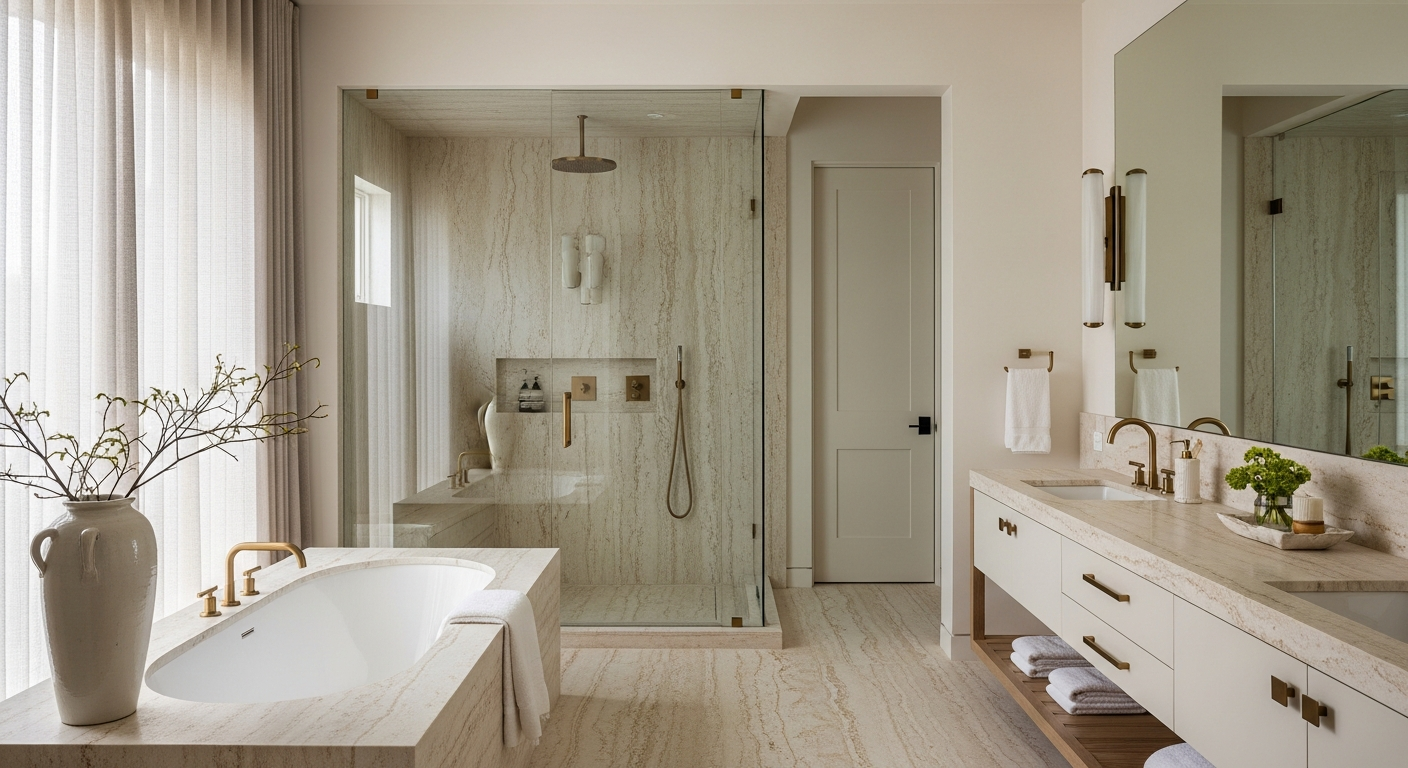 Luxury primary spa bath interior, representative of homes in Littleton, Colorado.
