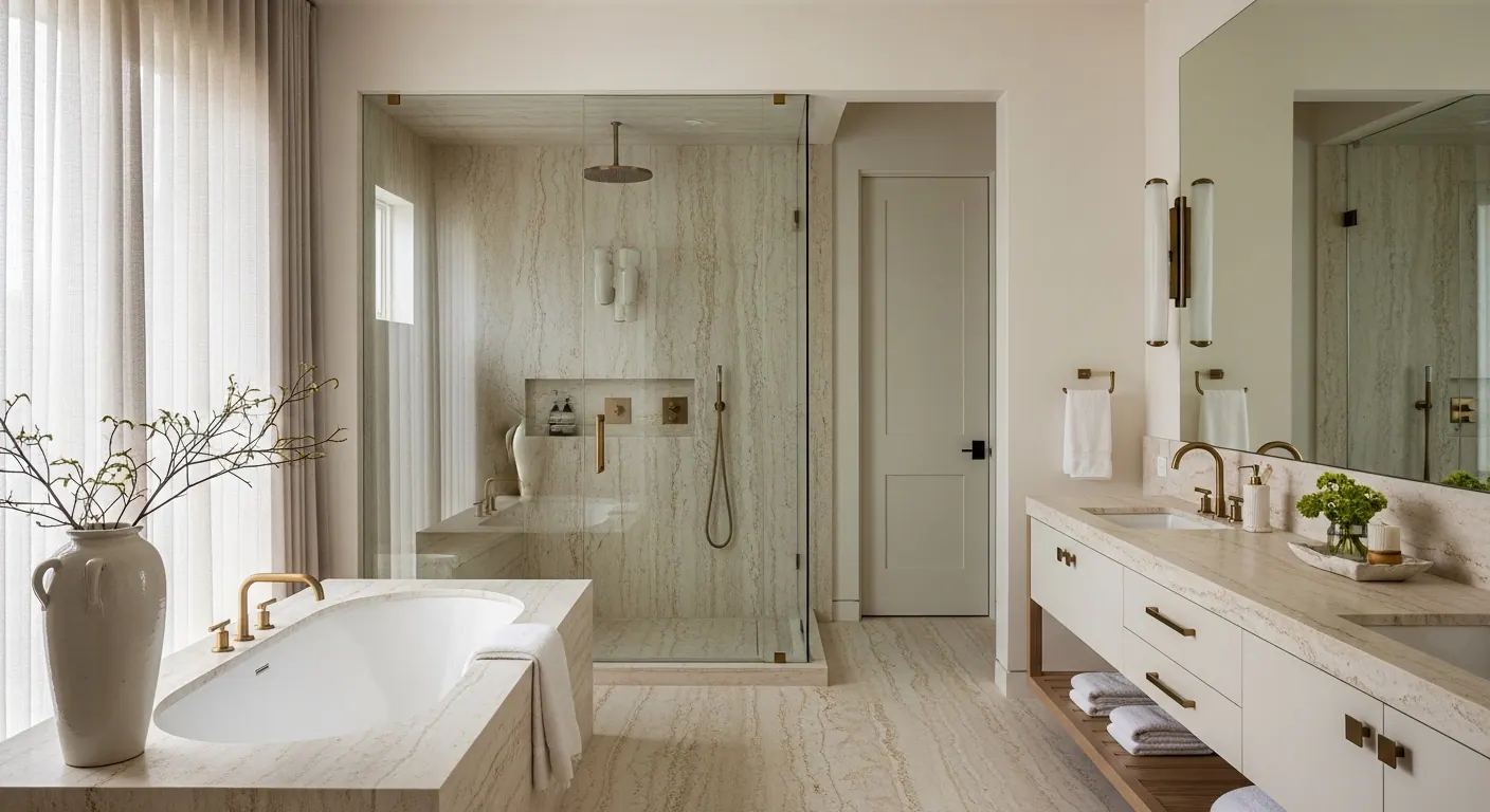 Luxury primary spa bath interior, representative of homes in Littleton, Colorado.