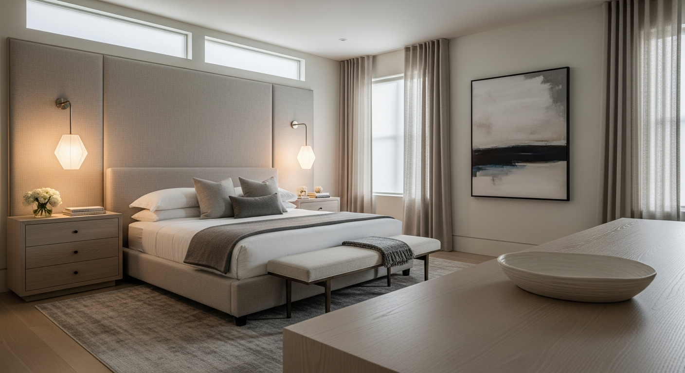 Luxury primary suite bedroom interior, representative of homes in Longmont, Colorado.