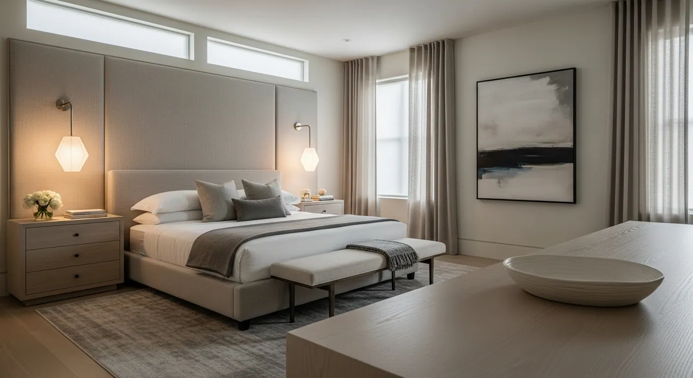 Luxury primary suite bedroom interior, representative of homes in Longmont, Colorado.