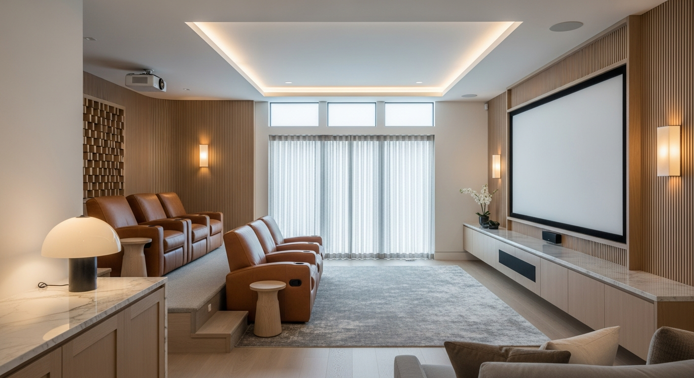 Luxury media room interior, representative of homes in Northglenn, Colorado.
