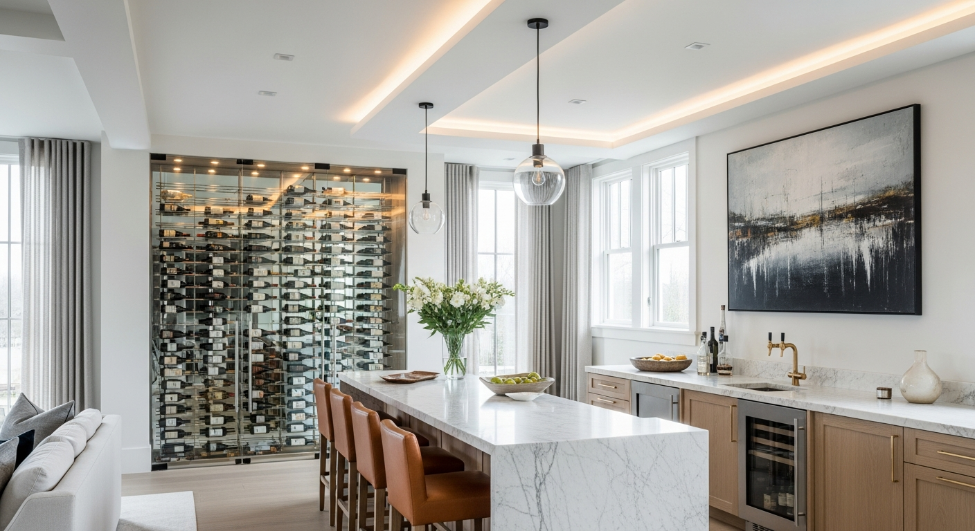 Luxury wine room and bar interior, representative of homes in Parker, Colorado.