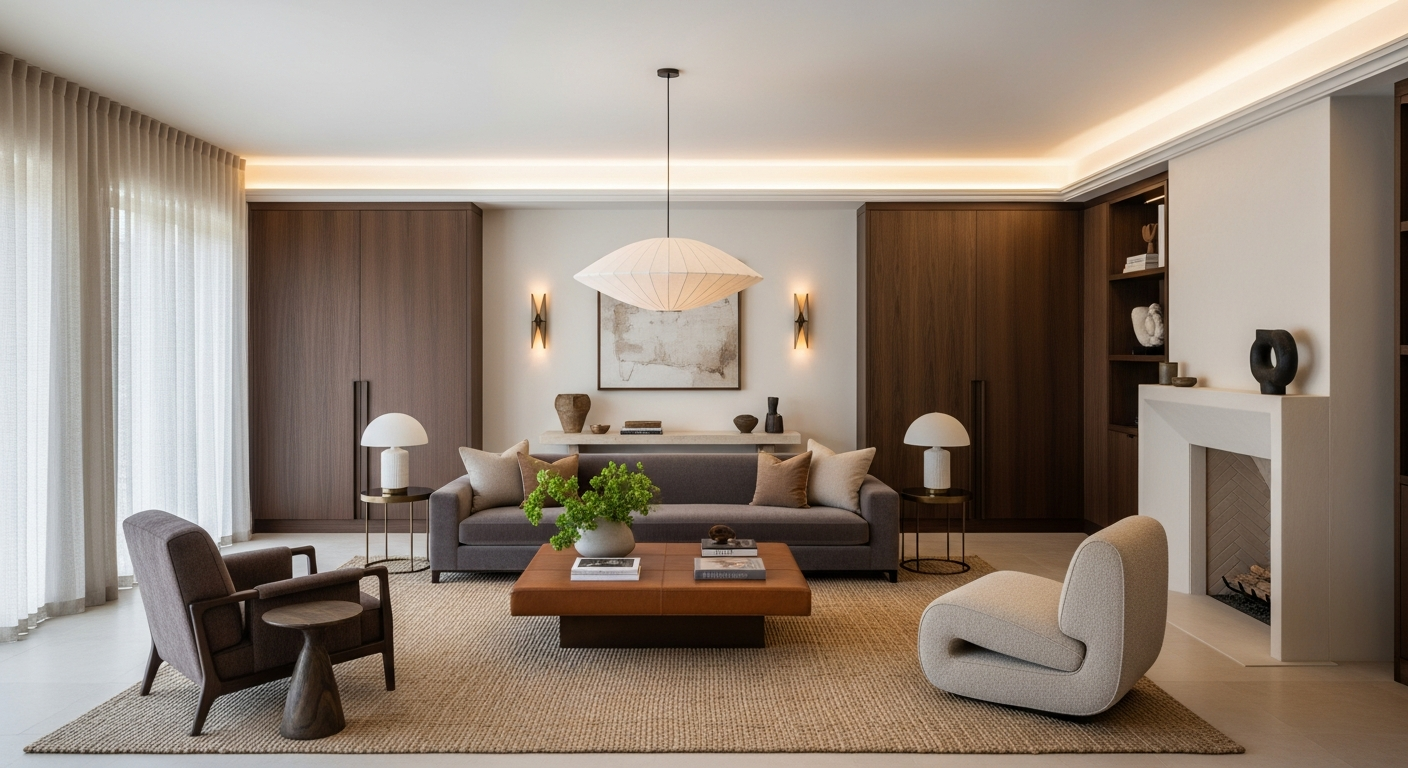 Luxury family room interior, representative of homes in South Metro Real Estate Guide, Colorado.