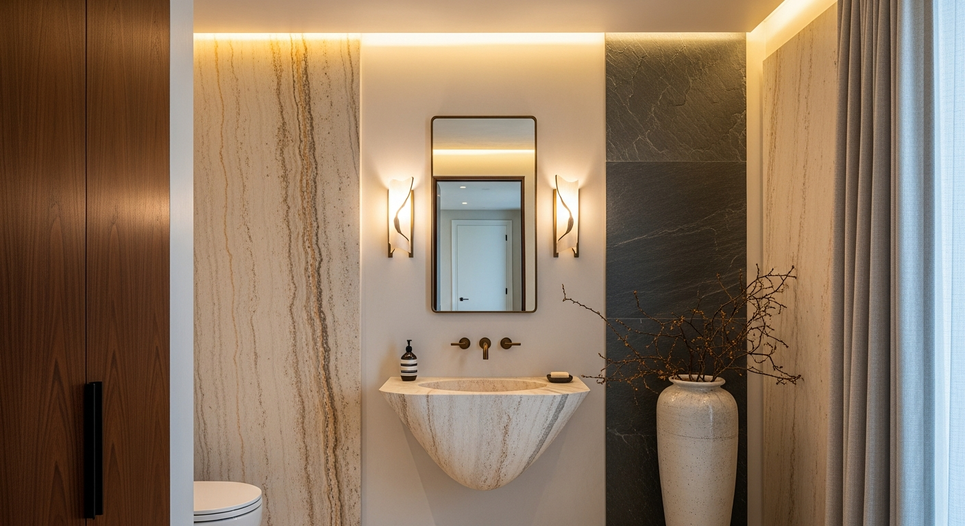 Luxury powder room interior, representative of homes in 285 Corridor Real Estate Near Denver, Colorado.