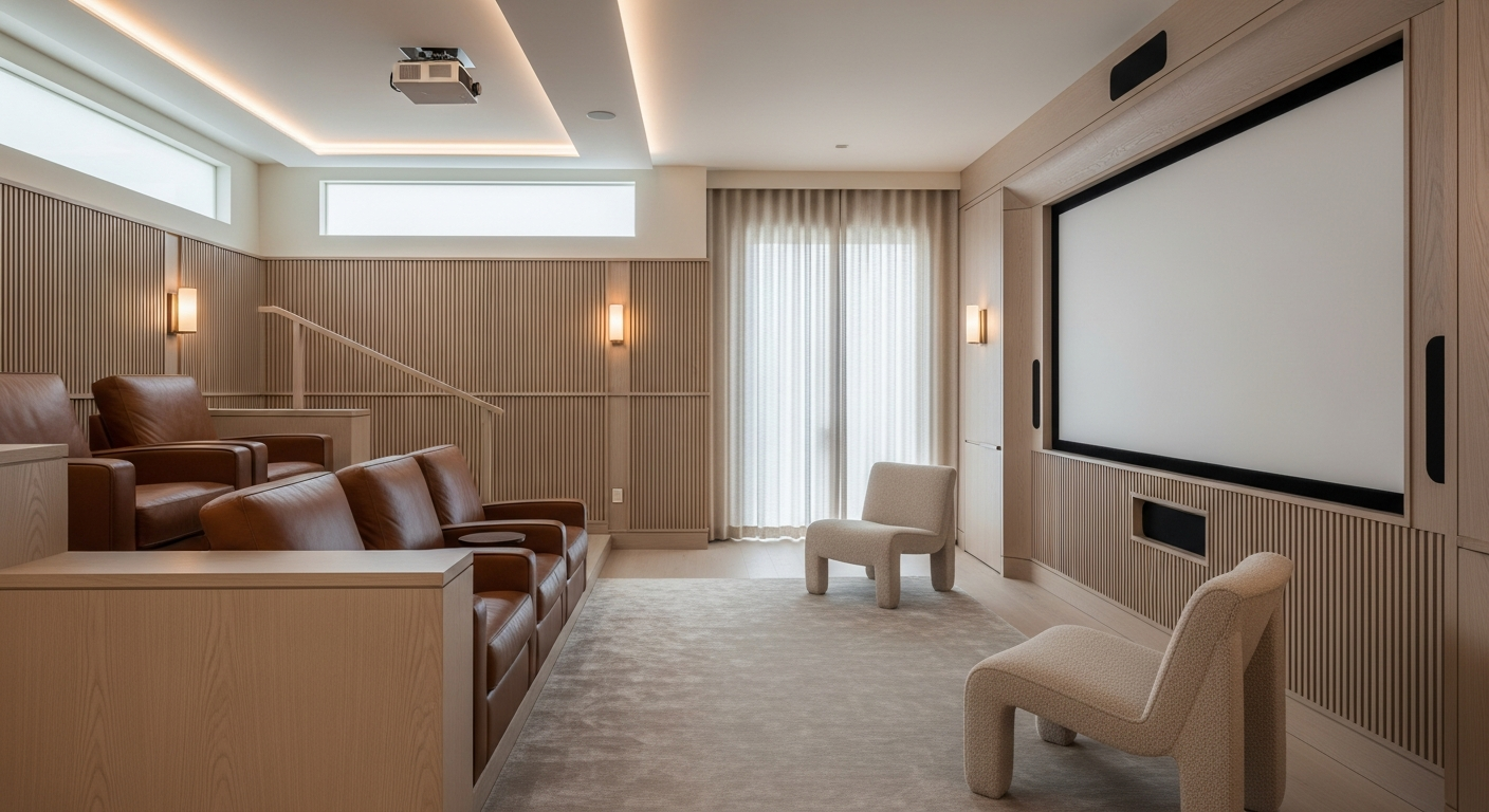 Luxury media room interior, representative of homes in Clifton Meadows Area, Colorado.