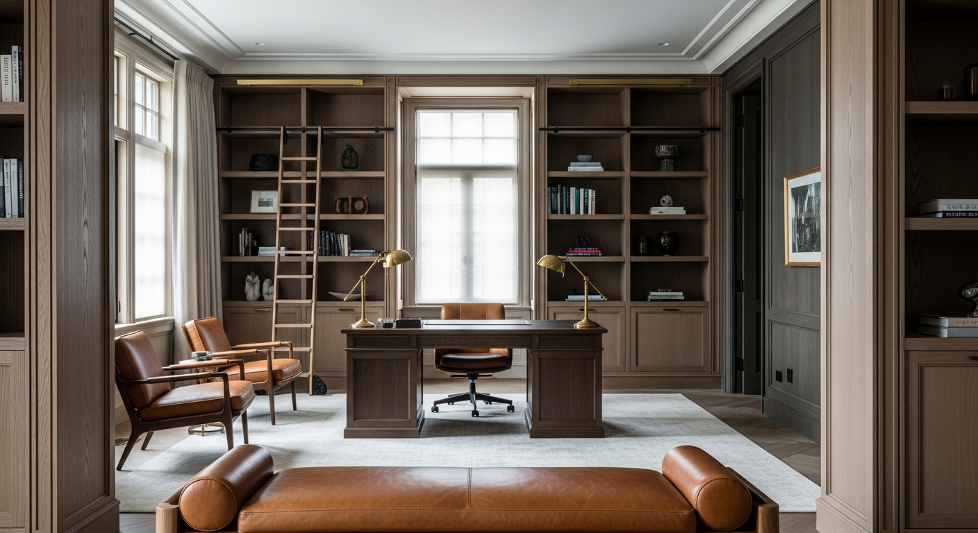 Luxury library and study interior, representative of homes in Conifer, Colorado.