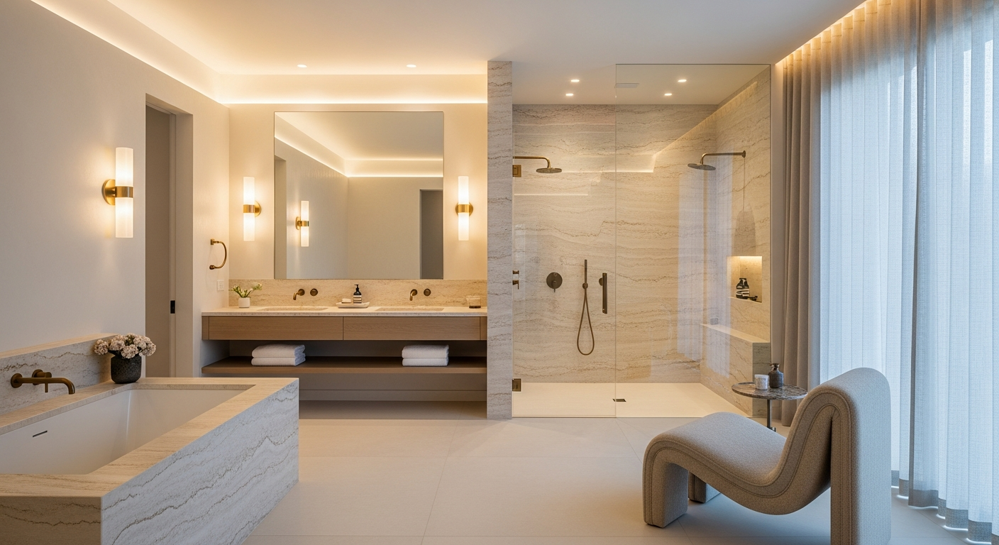 Luxury primary spa bath interior, representative of homes in Kittredge, Colorado.