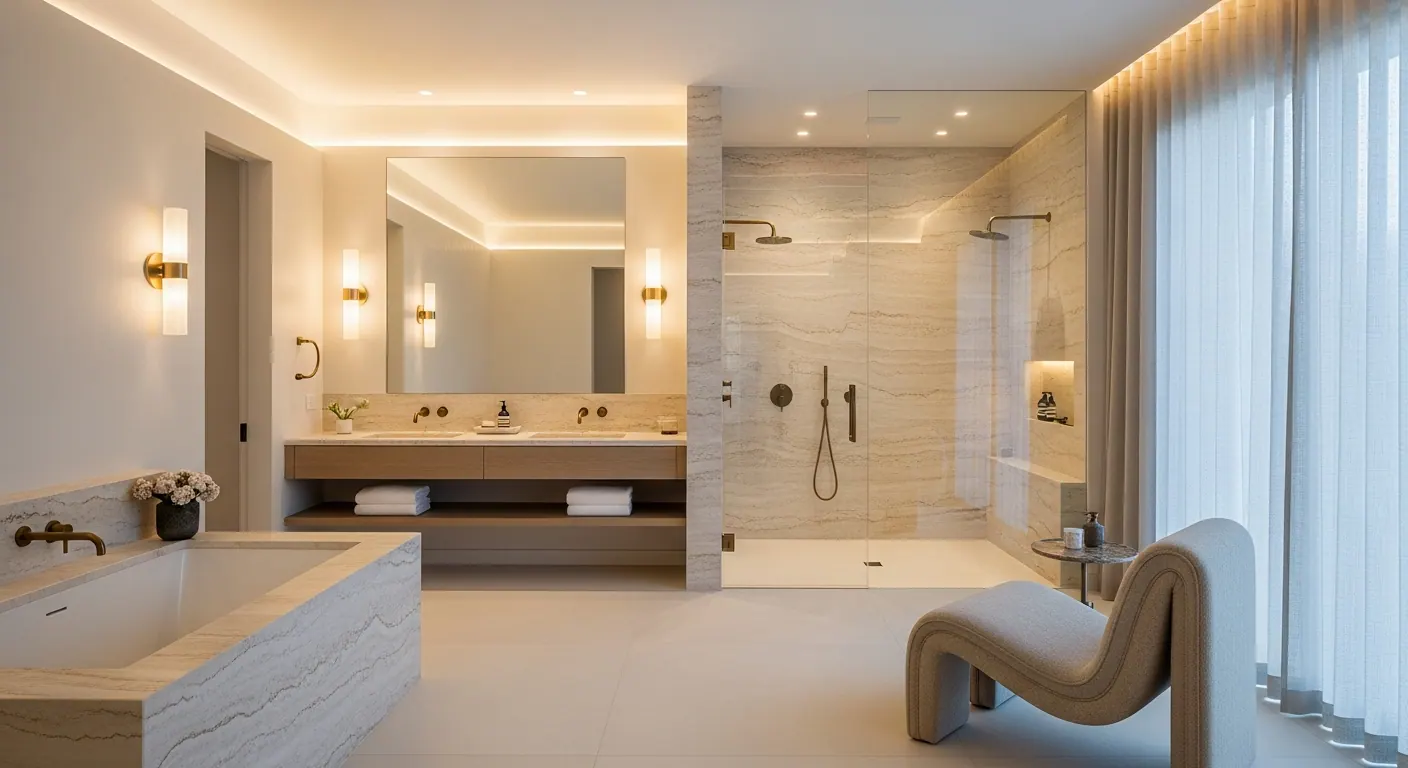 Luxury primary spa bath interior, representative of homes in Kittredge, Colorado.