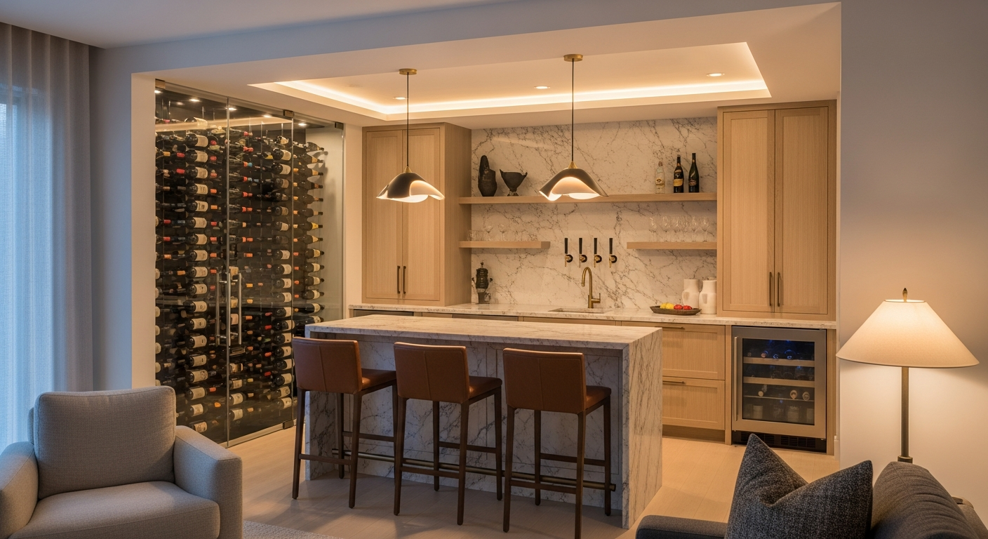 Luxury wine room and bar interior, representative of homes in The Homestead Area, Colorado.